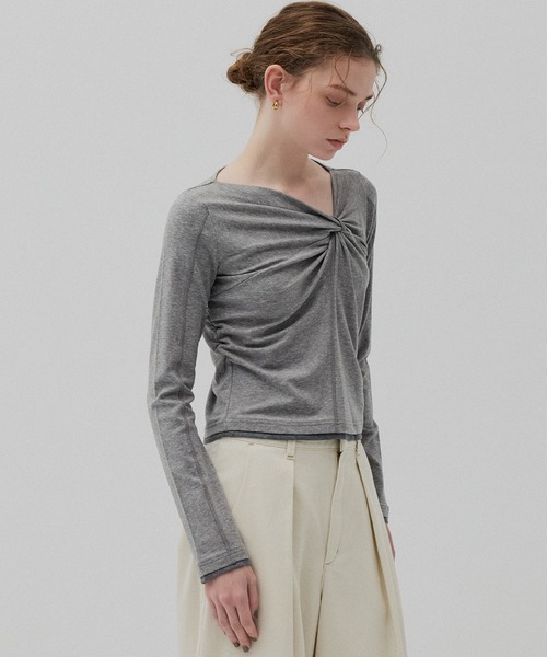 PUBLIC TOKYO(パブリックトウキョウ)の「ツイストロングTEE(Tシャツ/カットソー・レディース・ライトグレー/ブラウン・FREE)」の1枚目の写真