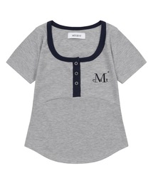 カラー ポップ 配色 ボタン クロップ リブ 半袖 Tシャツ (3カラー)