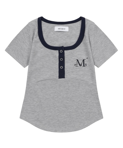 MUCENT(ムセント)の「カラー ポップ 配色 ボタン クロップ リブ 半袖 Tシャツ (3カラー)(Tシャツ/カットソー・レディース・ブラック/グレー/ダークブラウン・FREE)」の2枚目の写真