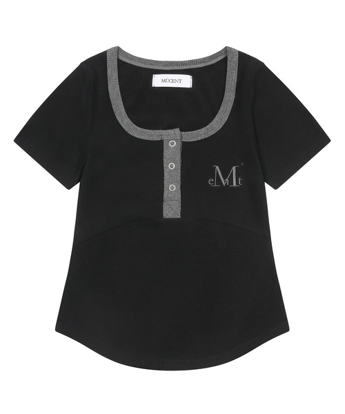 MUCENT(ムセント)の「カラー ポップ 配色 ボタン クロップ リブ 半袖 Tシャツ (3カラー)(Tシャツ/カットソー・レディース・ブラック/グレー/ダークブラウン・FREE)」の1枚目の写真