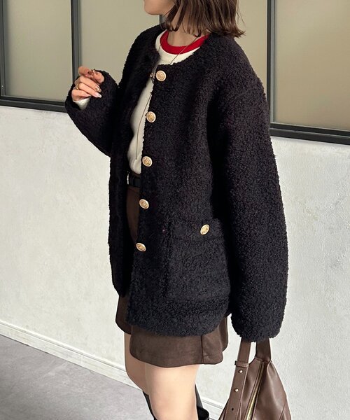 セール】GOLDボタンノーカラーボアジャケット（ノーカラージャケット