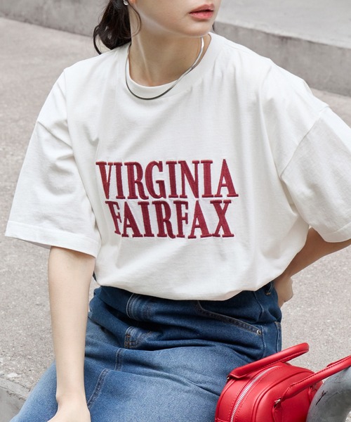 セール】カレッジロゴ刺繍 サイドスリット オーバーサイズ 半袖Tシャツ