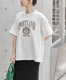 カレッジロゴ刺繍 サイドスリット オーバーサイズ 半袖Tシャツ