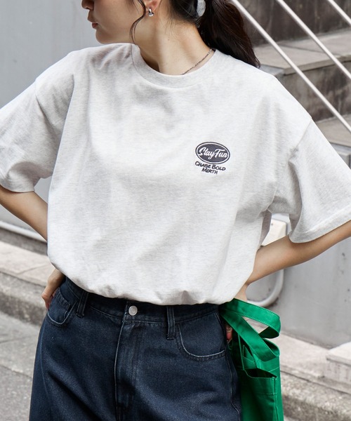 カレッジロゴ刺繍 サイドスリット オーバーサイズ 半袖Tシャツ MONO