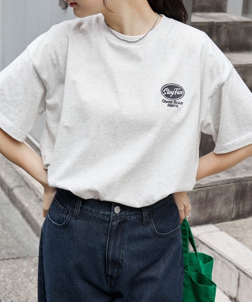 カレッジロゴ刺繍 サイドスリット オーバーサイズ 半袖Tシャツ MONO