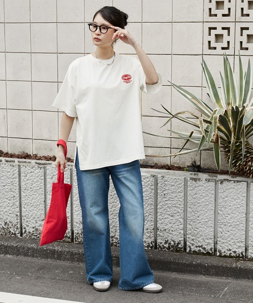 カレッジロゴ刺繍 サイドスリット オーバーサイズ 半袖Tシャツ MONO