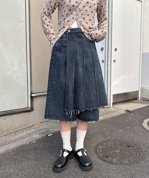 CIAOPANIC（チャオパニック）の「【ANTI WARP /アンチワープ】スカートレイヤードハーフデニムパンツ（デニムパンツ・レディース・イエロー/インディゴブルー・MEDIUM/LARGE）」の4枚目の写真