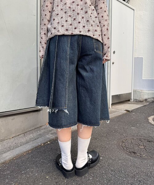 CIAOPANIC（チャオパニック）の「【ANTI WARP /アンチワープ】スカートレイヤードハーフデニムパンツ（デニムパンツ・レディース・イエロー/インディゴブルー・MEDIUM/LARGE）」の6枚目の写真