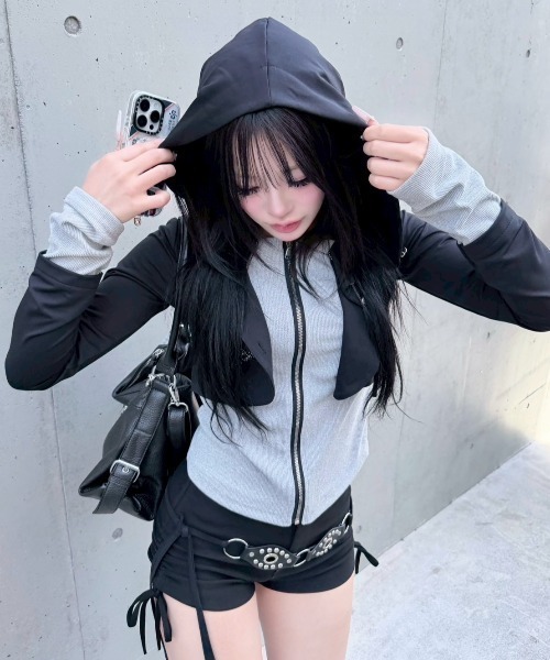 Never mind the XU / Chikashitsu+（ネバーマインド ザ エックスユー / チカシツプラス）の「【nmtc+】bi color vintage zip up hoodie / 【エヌエムティーシープラス】バイカラービンテージジップアップパーカー（カーディガン/ボレロ・レディース・ブラック/ホワイト・ONE SIZE）」の18枚目の写真