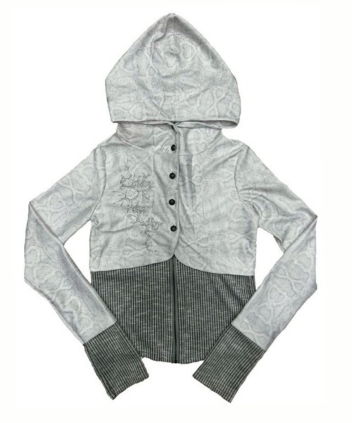 Never mind the XU / Chikashitsu+（ネバーマインド ザ エックスユー / チカシツプラス）の「【nmtc+】bi color vintage zip up hoodie / 【エヌエムティーシープラス】バイカラービンテージジップアップパーカー（カーディガン/ボレロ・レディース・ブラック/ホワイト・ONE SIZE）」の12枚目の写真