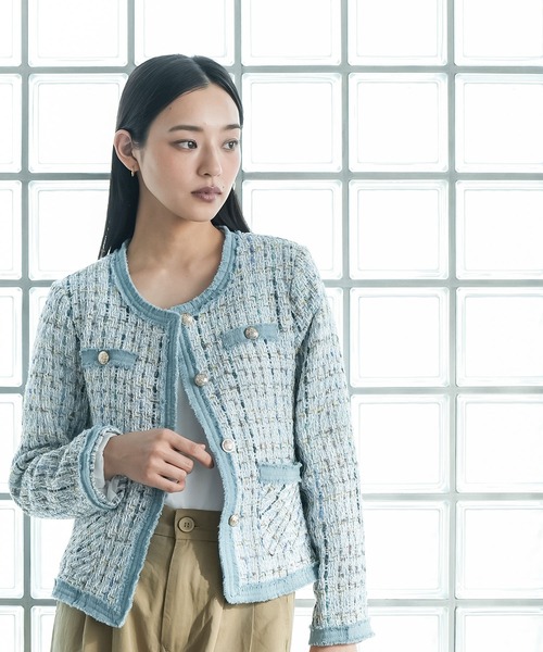mili an deni(ミリアンデニ)の「デニム切替ノーカラーツィードジャケット(ノーカラージャケット・レディース・サックスブルー/ブラック/オフホワイト・M)」の3枚目の写真