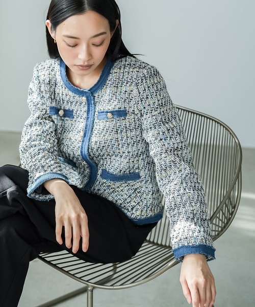 mili an deni(ミリアンデニ)の「デニム切替ノーカラーツィードジャケット(ノーカラージャケット・レディース・サックスブルー/ブラック/オフホワイト・M)」の2枚目の写真