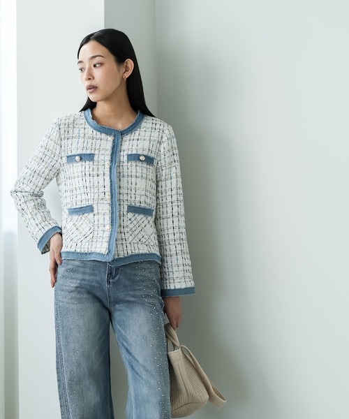 mili an deni(ミリアンデニ)の「デニム切替ノーカラーツィードジャケット(ノーカラージャケット・レディース・サックスブルー/ブラック/オフホワイト・M)」の4枚目の写真