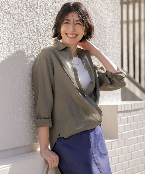 J.PRESS Ladies(J.プレス レディス)の「【WEB限定カラーあり・2way・セット着用可】リネン シャツ ブラウス(シャツ/ブラウス・レディース・ダルブルー系/ベージュ系/ネイビー系/ブラウン系/ピンク系・XS)」の1枚目の写真