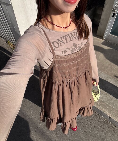 CIAOPANIC（チャオパニック）の「レーステープコットンチュニックキャミワンピース（チュニック・レディース・ブラウン/ホワイト・ONE SIZE）」の2枚目の写真