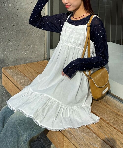 CIAOPANIC（チャオパニック）の「レーステープコットンチュニックキャミワンピース（チュニック・レディース・ブラウン/ホワイト・ONE SIZE）」の4枚目の写真