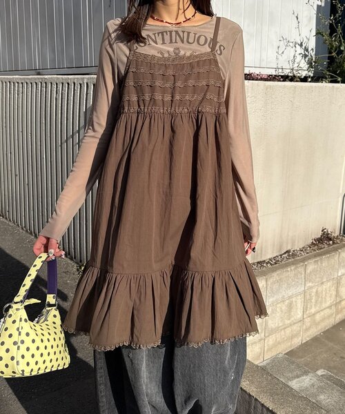 CIAOPANIC（チャオパニック）の「レーステープコットンチュニックキャミワンピース（チュニック・レディース・ブラウン/ホワイト・ONE SIZE）」の12枚目の写真