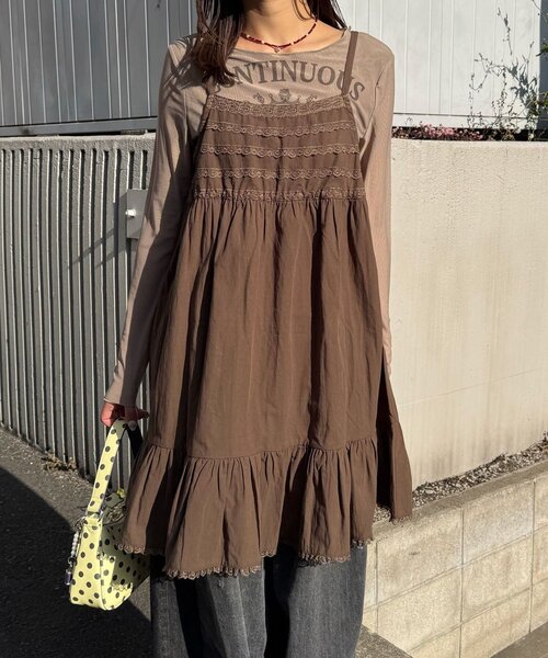 CIAOPANIC（チャオパニック）の「レーステープコットンチュニックキャミワンピース（チュニック・レディース・ブラウン/ホワイト・ONE SIZE）」の13枚目の写真