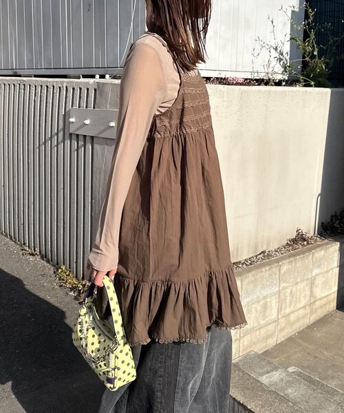 CIAOPANIC（チャオパニック）の「レーステープコットンチュニックキャミワンピース（チュニック・レディース・ブラウン/ホワイト・ONE SIZE）」の14枚目の写真