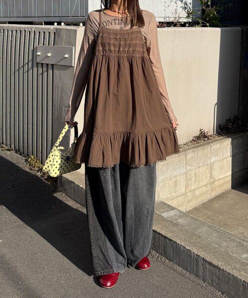 CIAOPANIC（チャオパニック）の「レーステープコットンチュニックキャミワンピース（チュニック・レディース・ブラウン/ホワイト・ONE SIZE）」の16枚目の写真