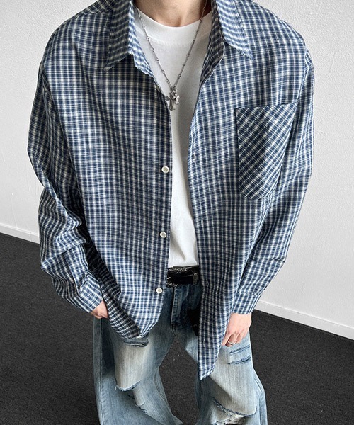 Ressaca(レサーカ)の「オーバーサイズレトロチェック柄シャツ(シャツ/ブラウス・メンズ・ブルー/ブラウン/ネイビー・M/L)」の2枚目の写真