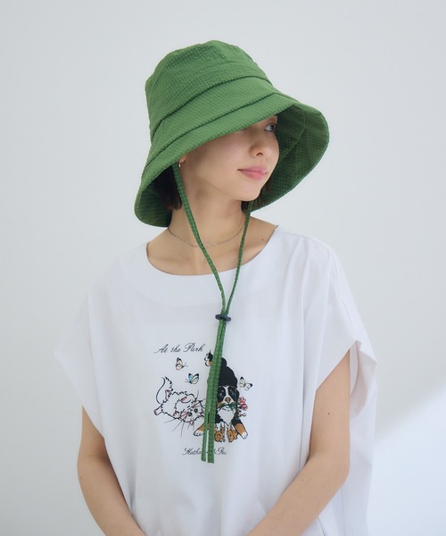 KATHARINE ROSS(キャサリンロス)の「【KATHARINE ROSS】【JUNK PRODUCTIONS】【UV/COOL/撥水/ウォッシャブル】ポコポコつば広バケットハット ストラップ付(ハット・レディース・グリーン/ブラウン・MEDIUM)」の14枚目の写真