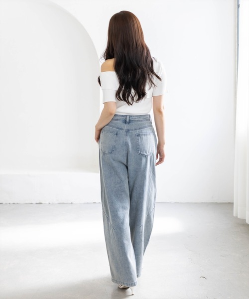 CLEAR BASIC（クリアベーシック）の「リボンブローチ付きワンショルニットトップス［骨格ウェーブ/華奢見え/ワンショルダー/フェミニン］（ニット/セーター・レディース・グレー系その他/ピンク・F）」の14枚目の写真