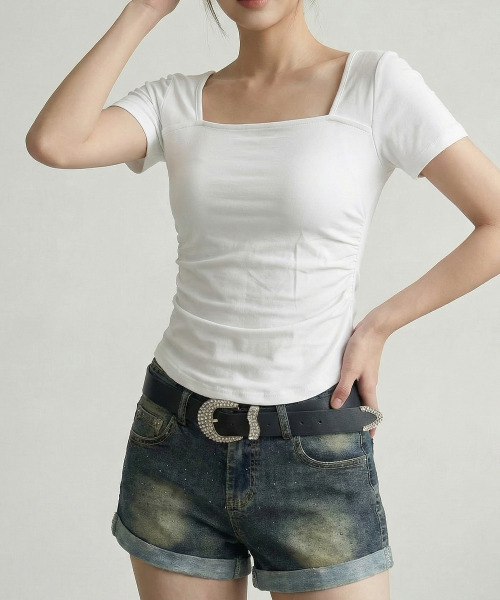 VIVID LADY(ビビッドレディー)の「スクエアネック シャーリング Tシャツ(Tシャツ/カットソー・レディース・ネイビー/ホワイト/ブラック/グレー・FREE)」の22枚目の写真