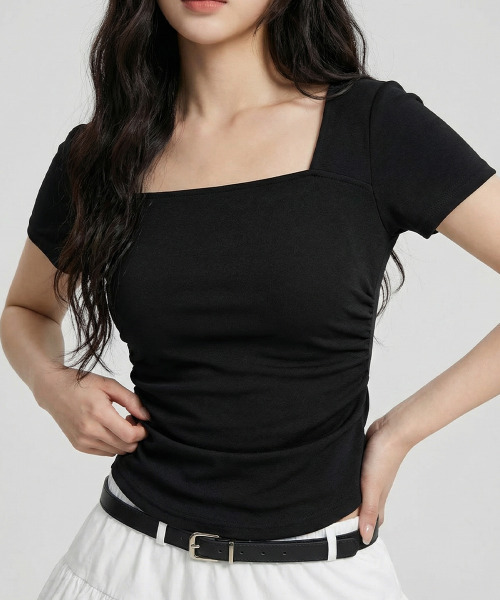 VIVID LADY(ビビッドレディー)の「スクエアネック シャーリング Tシャツ(Tシャツ/カットソー・レディース・ネイビー/ホワイト/ブラック/グレー・FREE)」の13枚目の写真