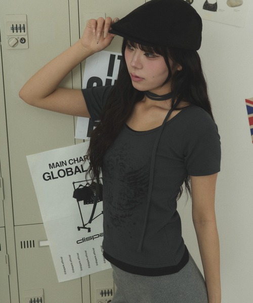 dispark(ディスパーク)の「DISPARK/チョーカー付きレイヤードグラフィックトップス(Tシャツ/カットソー・レディース・チャコール/ホワイト・FREE)」の15枚目の写真