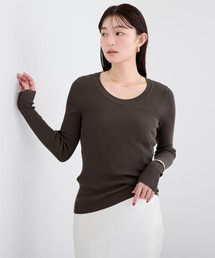 Uネック長袖リブニット