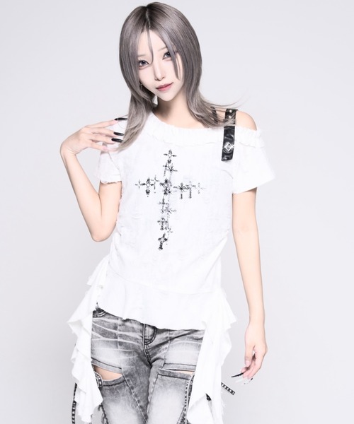 REFLEM(レフレム)の「『REFLEM/レフレム』接結ダメージオフショルトップス(Tシャツ/カットソー・レディース・グレー/ホワイト/ブラック・L/M)」の2枚目の写真
