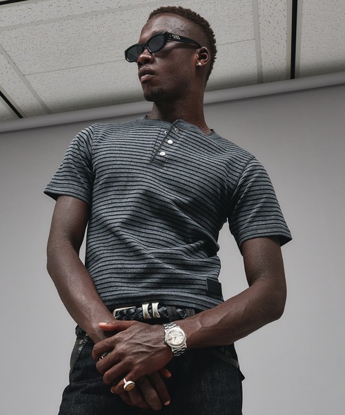 セール】Metal Henry neck Border T-shirt/メタルヘンリーネック
