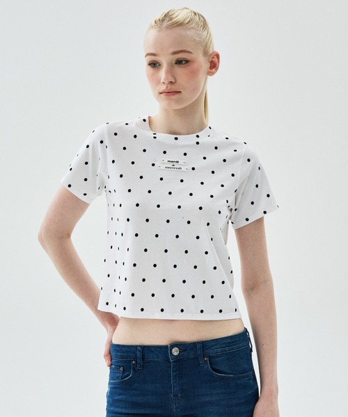 Mardi Mercredi(マルディメクルディ)の「SLIM TSHIRT DOT DOUBLE LABEL / スリム Tシャツ ドット ダブル ラベル(Tシャツ/カットソー・レディース・ホワイト・FREE)」の2枚目の写真