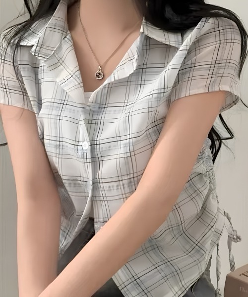 center i(センターアイ)の「サイドドローストリングチェックシャツ(シャツ/ブラウス・レディース・ホワイト/ネイビー・FREE)」の3枚目の写真