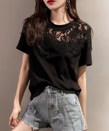 モチーフレース使いクルーネックTシャツ