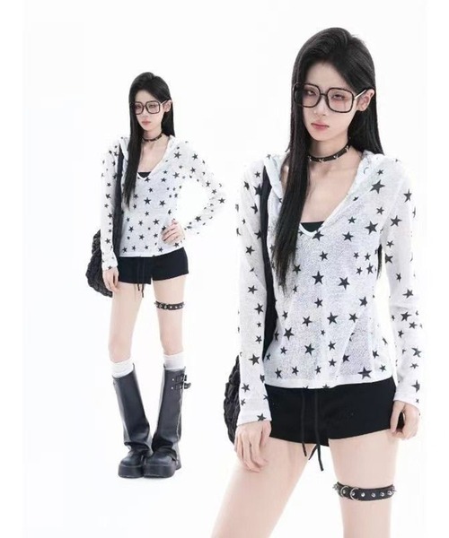 AsheKsha(アシクシャ)の「スター総柄フード付き薄手長袖トップス(Tシャツ/カットソー・レディース・ホワイト・M)」の22枚目の写真