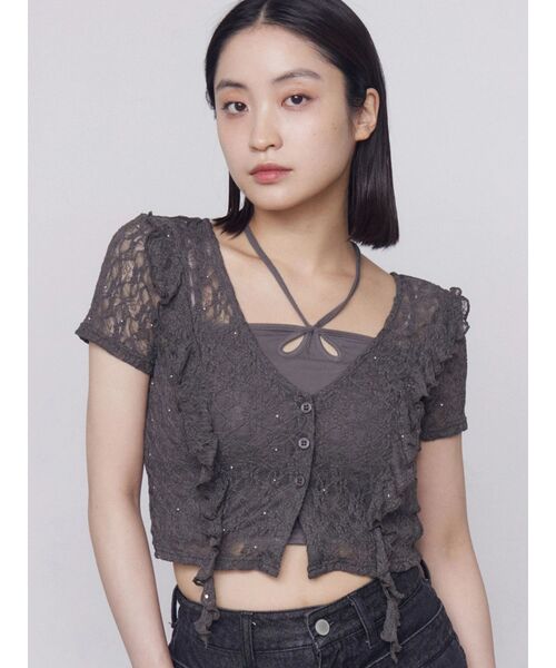 EMODA(エモダ)の「ラッフルカットツインセット(Tシャツ/カットソー・レディース・グレー/ホワイト/ブラック・FREE)」の1枚目の写真