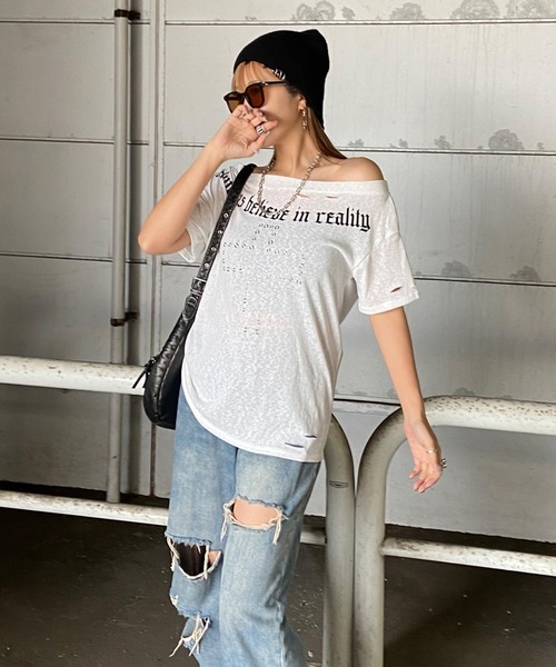 non-hedge(ノンヘッジ)の「クロスハトメクロスモチーフオフショルダーTシャツ(Tシャツ/カットソー・レディース・オフホワイト/ブラック/カーキ・FREE)」の19枚目の写真