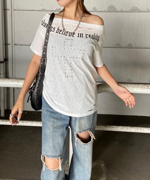 non-hedge(ノンヘッジ)の「クロスハトメクロスモチーフオフショルダーTシャツ(Tシャツ/カットソー・レディース・オフホワイト/ブラック/カーキ・FREE)」の20枚目の写真