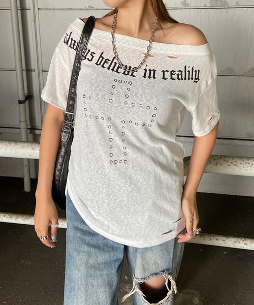 non-hedge(ノンヘッジ)の「クロスハトメクロスモチーフオフショルダーTシャツ(Tシャツ/カットソー・レディース・オフホワイト/ブラック/カーキ・FREE)」の21枚目の写真