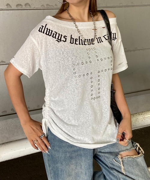 non-hedge(ノンヘッジ)の「クロスハトメクロスモチーフオフショルダーTシャツ(Tシャツ/カットソー・レディース・オフホワイト/ブラック/カーキ・FREE)」の22枚目の写真