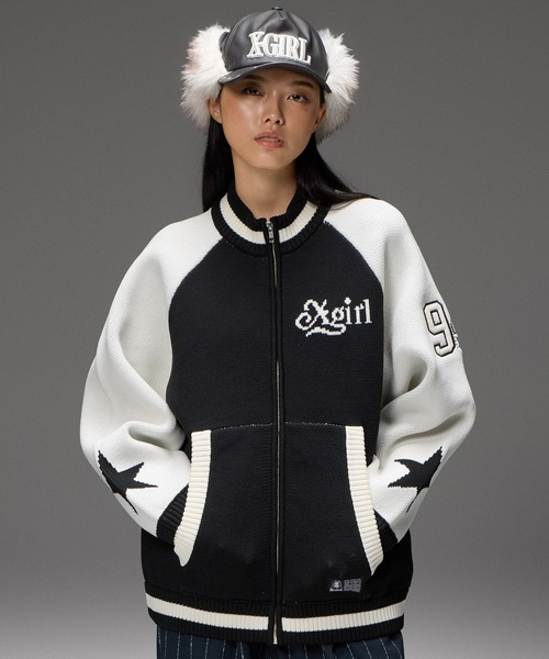 X-girl(エックスガール)の「PATCH AND JACQUARD STADIUM KNIT JACKET(ニット/セーター・レディース・ネイビー/ブラック・ONE SIZE)」の11枚目の写真