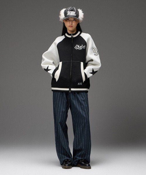 X-girl(エックスガール)の「PATCH AND JACQUARD STADIUM KNIT JACKET(ニット/セーター・レディース・ネイビー/ブラック・ONE SIZE)」の14枚目の写真
