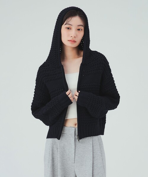 BEAMS HEART（ビームスハート）の「ボーダー ニット フーディー（ニット/セーター・レディース・ホワイト系その他5/ネイビー/レッド・FREE）」の2枚目の写真