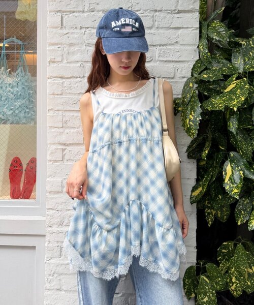 w closet(ダブルクローゼット)の「シアーチェックミニキャミOP(シャツ/ブラウス・レディース・ブラック/ブルー/ピンク・FREE)」の1枚目の写真
