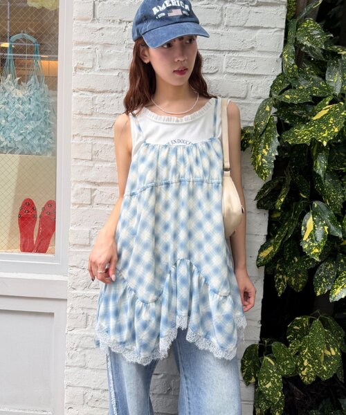w closet(ダブルクローゼット)の「シアーチェックミニキャミOP(シャツ/ブラウス・レディース・ブラック/ブルー/ピンク・FREE)」の13枚目の写真