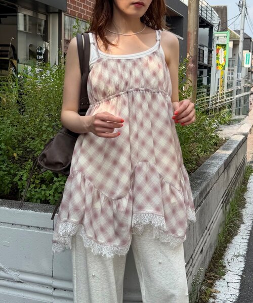 w closet(ダブルクローゼット)の「シアーチェックミニキャミOP(シャツ/ブラウス・レディース・ブラック/ブルー/ピンク・FREE)」の10枚目の写真
