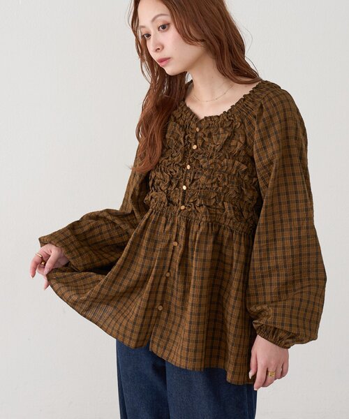 セール】チェック柄シャーリングチュニック（シャツ/ブラウス
