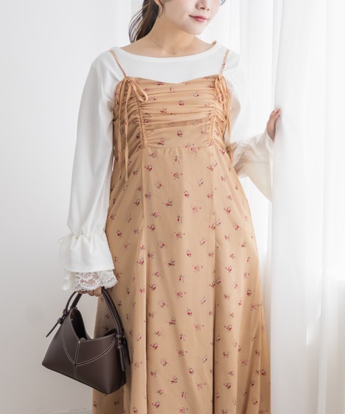 CLETTE(クレット)の「シアー花柄フロントリボンキャミワンピース(ワンピース・レディース・アイボリー/ブラック/ベージュ・LL/3L/4L)」の3枚目の写真